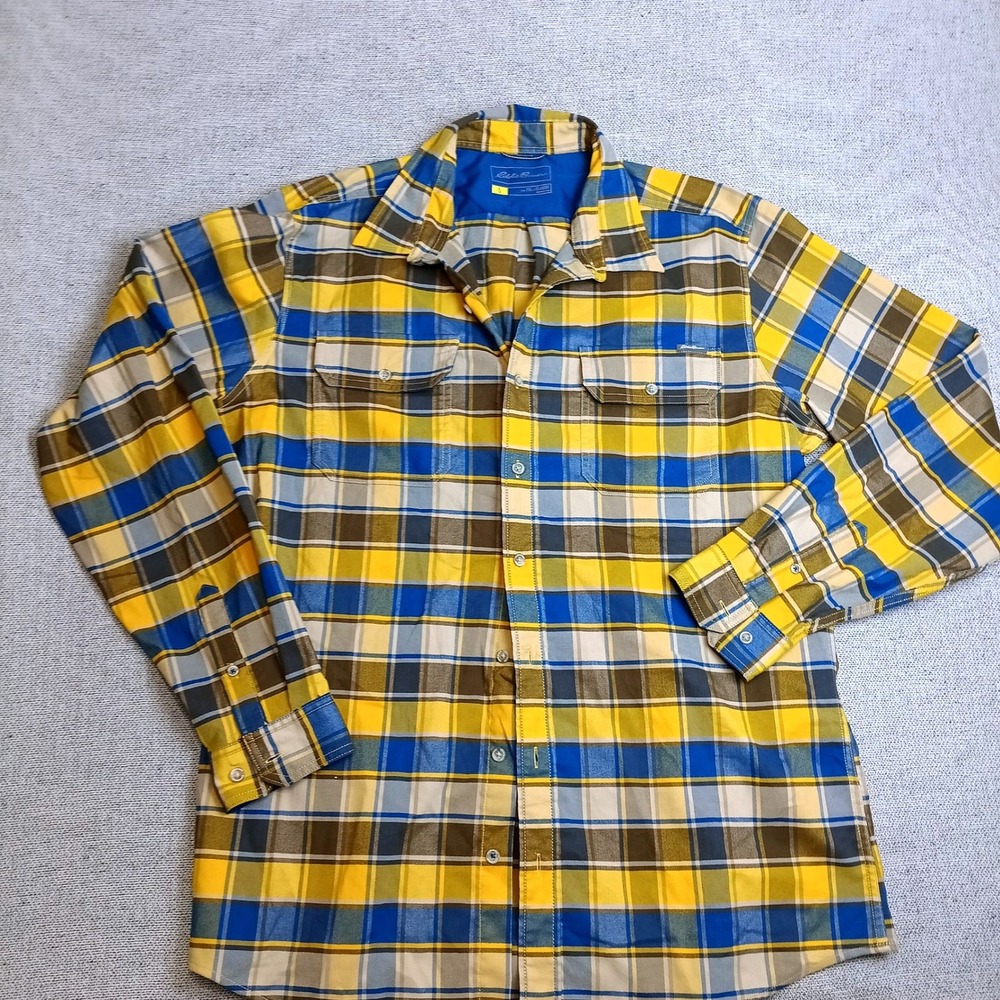 Eddie Bauer Plaid Shirt Mens TXL Yellow Excellent Classic Fit Button Down 0754